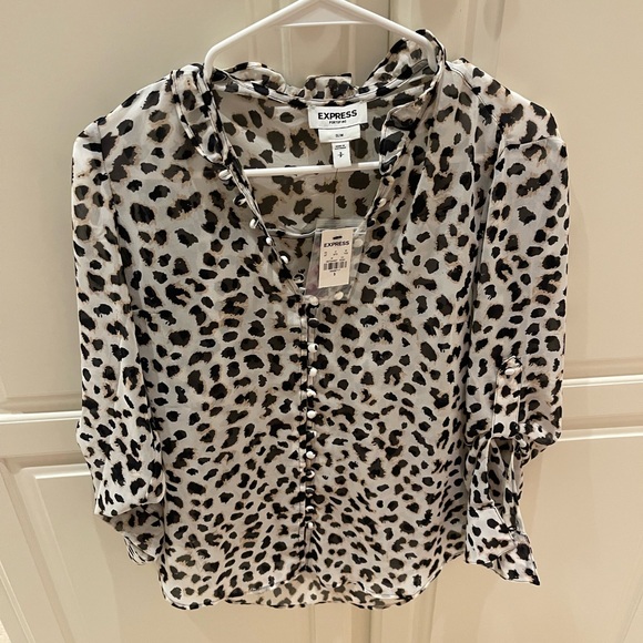 Express slim fit Portofino Shirt size small leopard ruffle chiffon white NWT - Picture 2 of 2